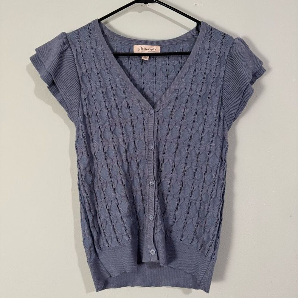 Philosophy Republic Ruffle Sleeve Scallop Knit Button Down Cardigan L